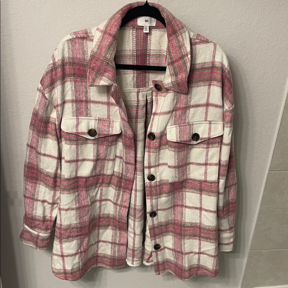 Plaid Button-Up Shacket - Pink and White